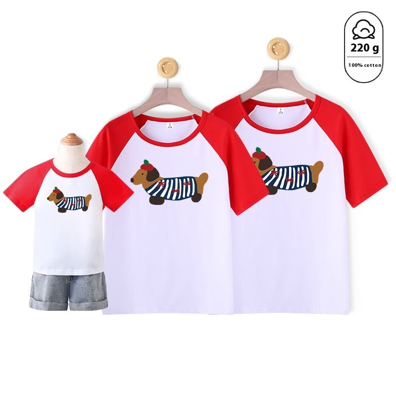 Mother-daughter Matching Dog Western Style Outfit Cotton Short Sleeve Contrast Color Korean Style