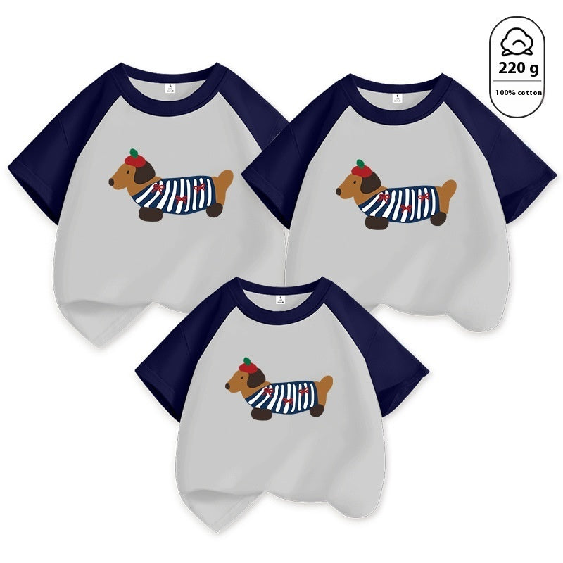 Mother-daughter Matching Dog Western Style Outfit Cotton Short Sleeve Contrast Color Korean Style