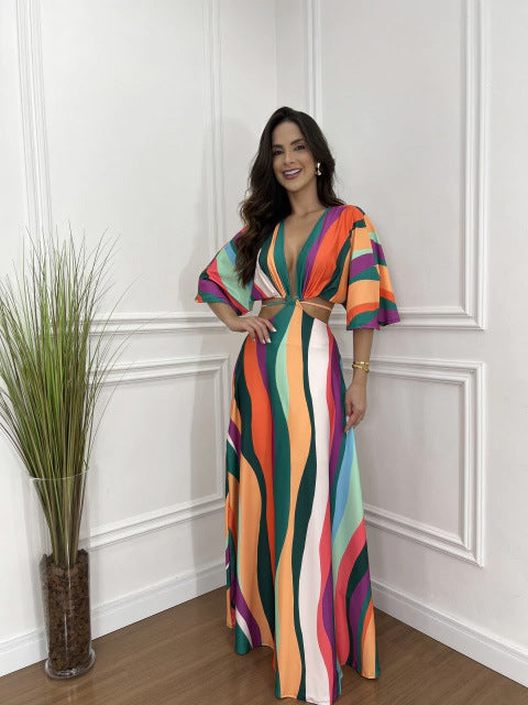 Women's Color Matching Five-point Batwing Sleeve Midriff Outfit Strap Dress