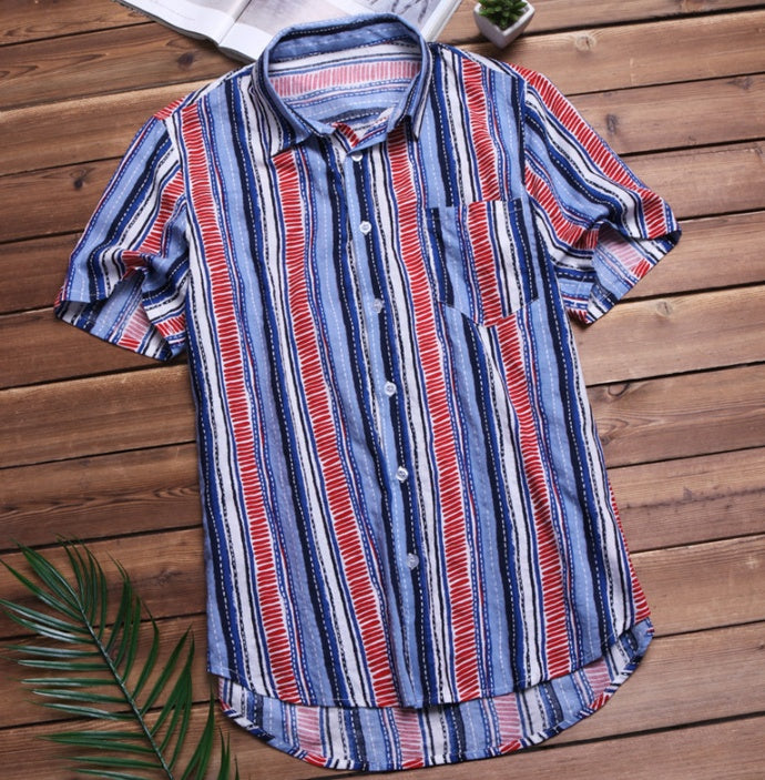 Men's Striped Short Sleeve Shirt Summer New Fashion Men's Lapel Shirt