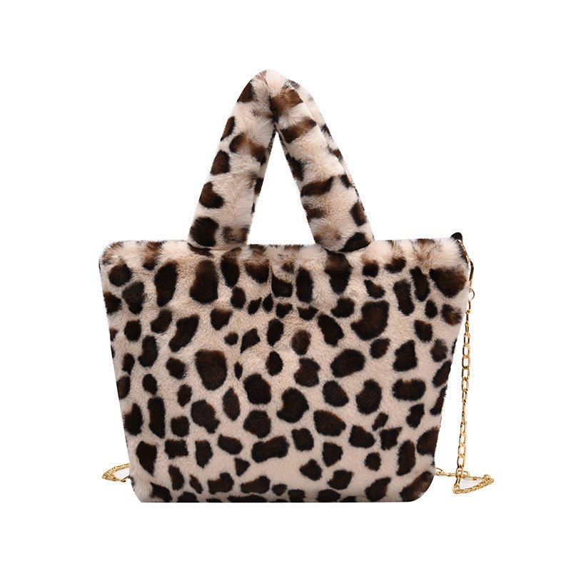 Plush leopard shoulder bag