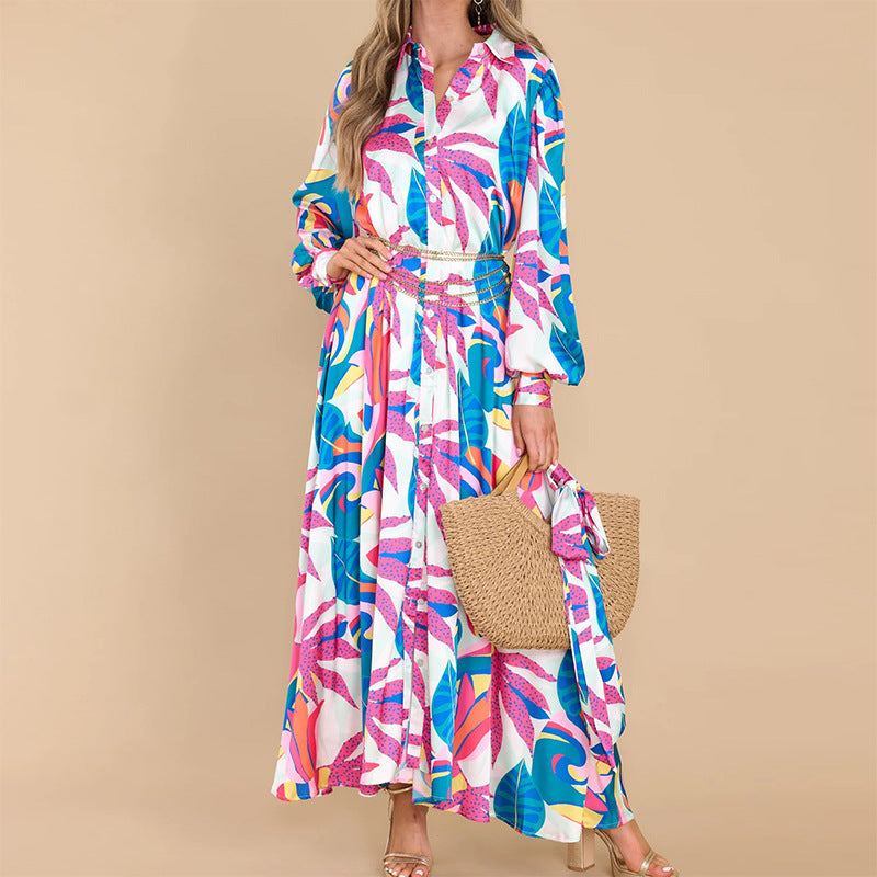 Floral Print Polo Collar Maxi Dress for Women