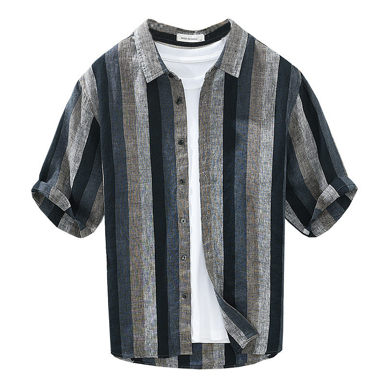 Summer Vintage Yarn-dyed Linen Five-point Sleeve Men's Contrasting Color Stripes Casual Lapel Large Size Cotton Hemp Shirt