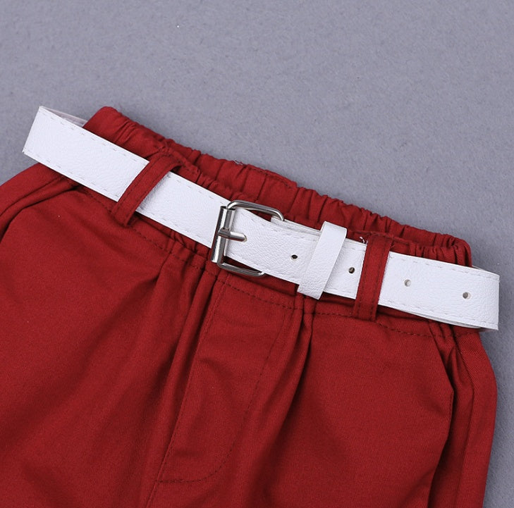 2pcs Summer Baby Set Flower Short Sleeve Polo Shirt With Red Shorts Shorts School Clothes For Children