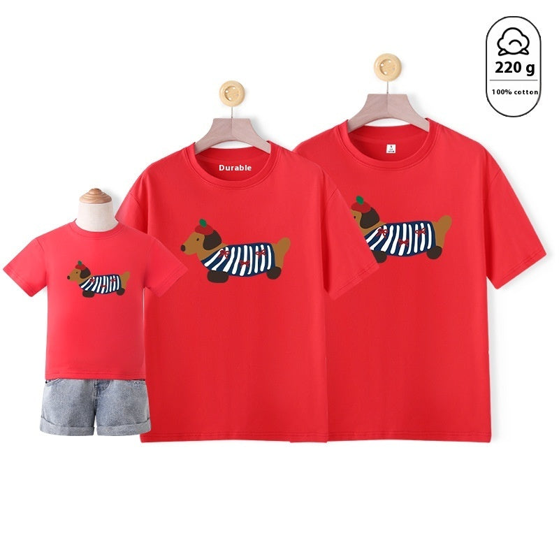 Mother-daughter Matching Dog Western Style Outfit Cotton Short Sleeve Contrast Color Korean Style
