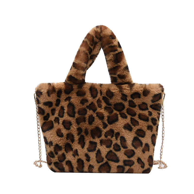 Plush leopard shoulder bag