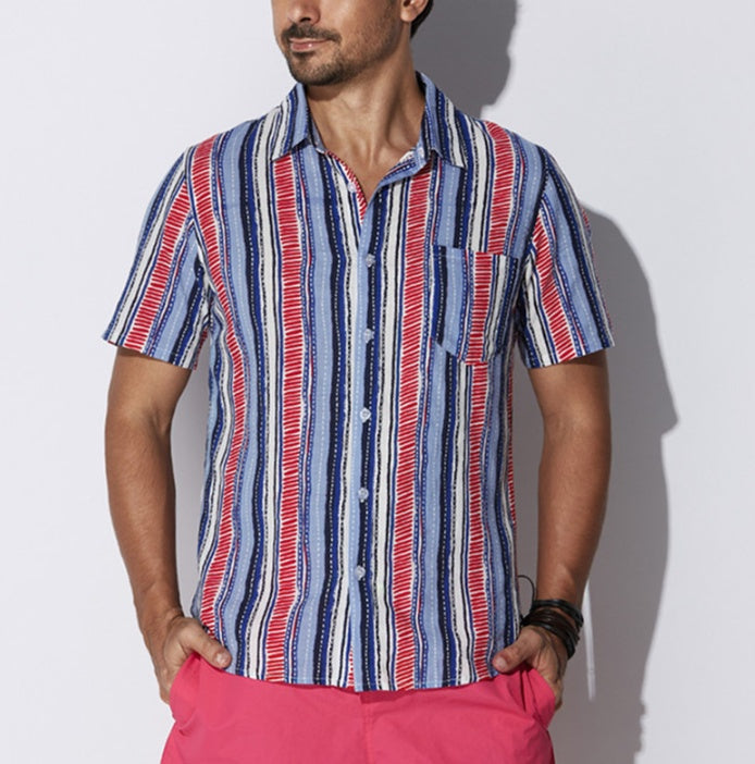 Men's Striped Short Sleeve Shirt Summer New Fashion Men's Lapel Shirt