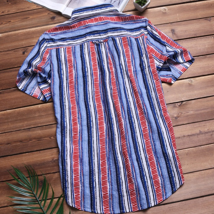 Men's Striped Short Sleeve Shirt Summer New Fashion Men's Lapel Shirt