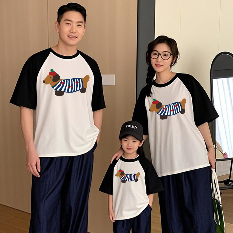 Mother-daughter Matching Dog Western Style Outfit Cotton Short Sleeve Contrast Color Korean Style