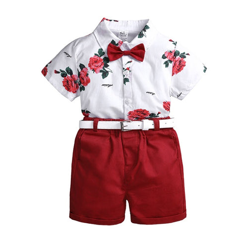 2pcs Summer Baby Set Flower Short Sleeve Polo Shirt With Red Shorts Shorts School Clothes For Children