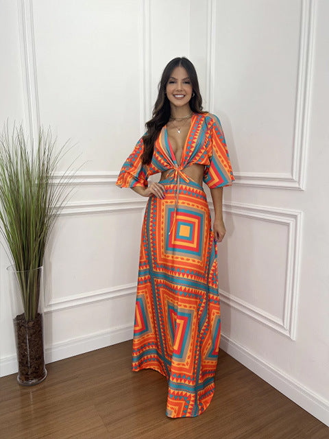 Women's Color Matching Five-point Batwing Sleeve Midriff Outfit Strap Dress