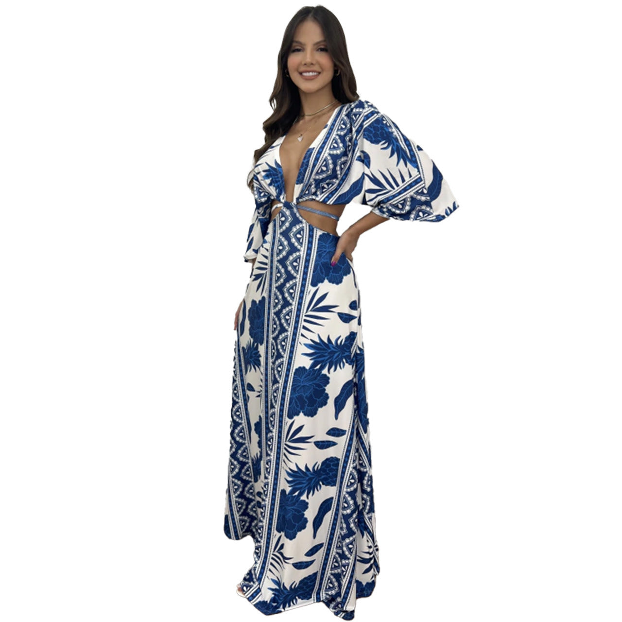 Women's Color Matching Five-point Batwing Sleeve Midriff Outfit Strap Dress