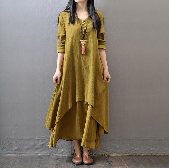 Cotton Linen Maxi Dress for Women — Loose Fit Plus Size