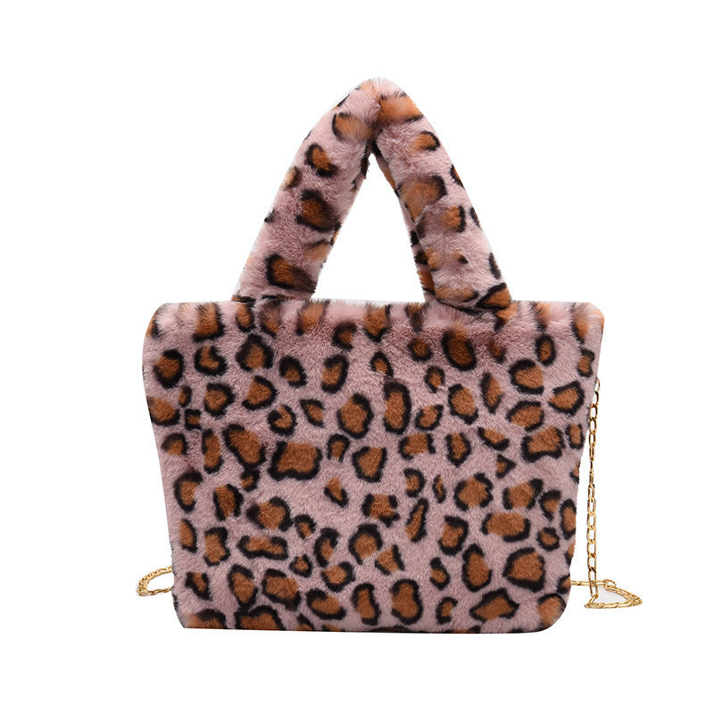 Plush leopard shoulder bag