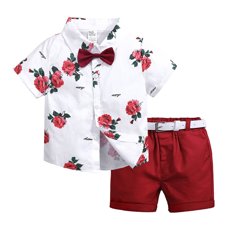 2pcs Summer Baby Set Flower Short Sleeve Polo Shirt With Red Shorts Shorts School Clothes For Children