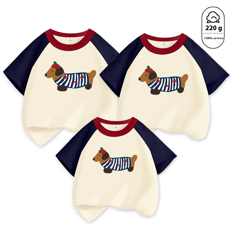 Mother-daughter Matching Dog Western Style Outfit Cotton Short Sleeve Contrast Color Korean Style