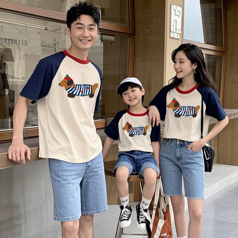 Mother-daughter Matching Dog Western Style Outfit Cotton Short Sleeve Contrast Color Korean Style