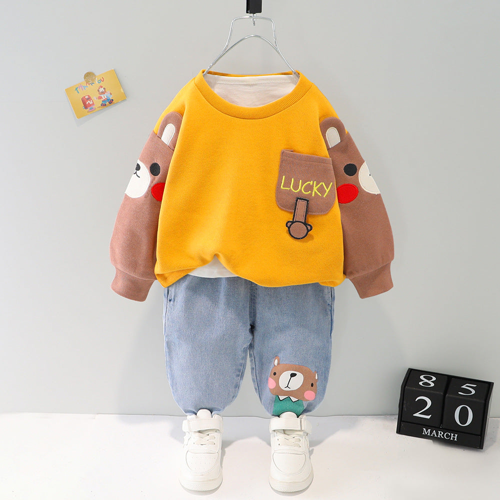Boys' Color Block Cartoon Sweater & Pants Set