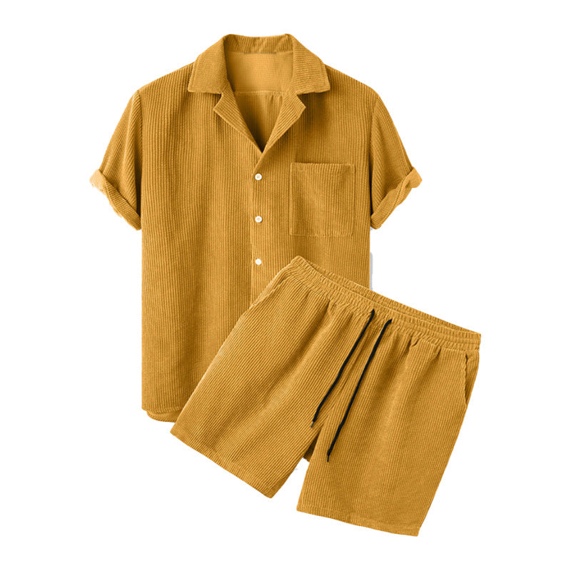 Cross-border Foreign Trade Men's Summer New Solid Color Corduroy Casual Suit Collar Shirt Shorts Suit In Stock