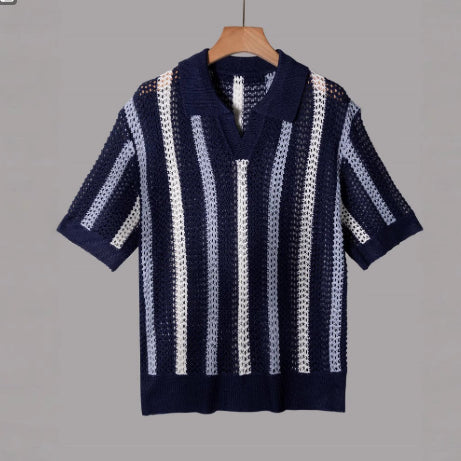 Summer New Breathable Hollow Men Short-sleeved Knitting Polo Shirt