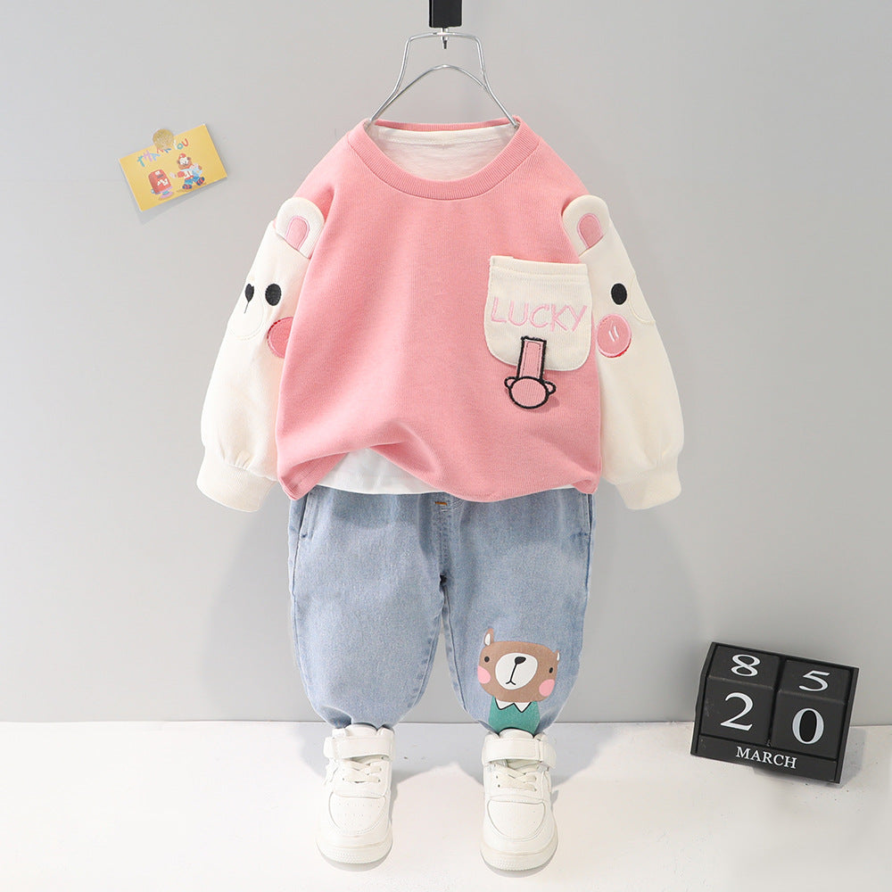 Boys' Color Block Cartoon Sweater & Pants Set