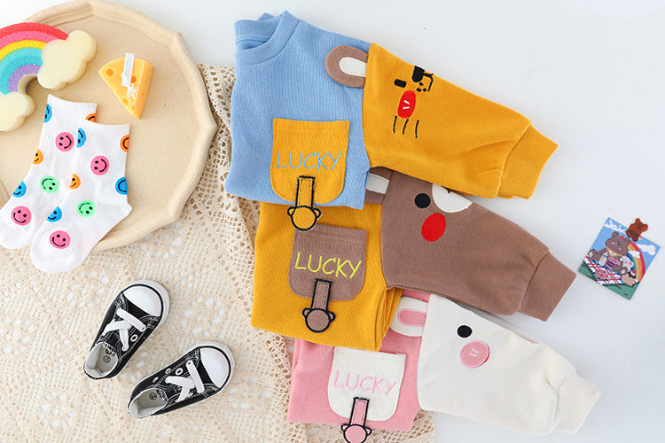 Boys' Color Block Cartoon Sweater & Pants Set