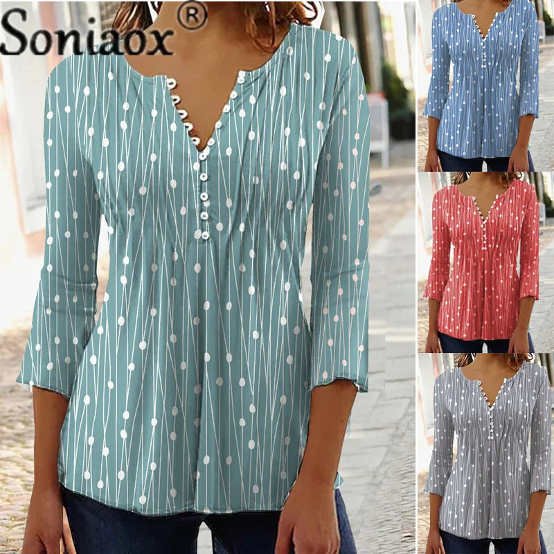 Fashion Elegant Polka Dot Print Bottoming Shirt Women 2022 Autumn Long Sleeve Button V Neck Pullover Blouse Casual Office Tops