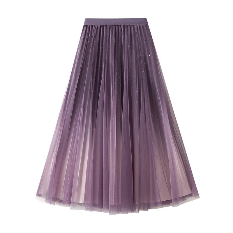 Women’s Starry Sky Gradient Tulle Midi Skirt – Elegant High-Waist Pleated A-Line