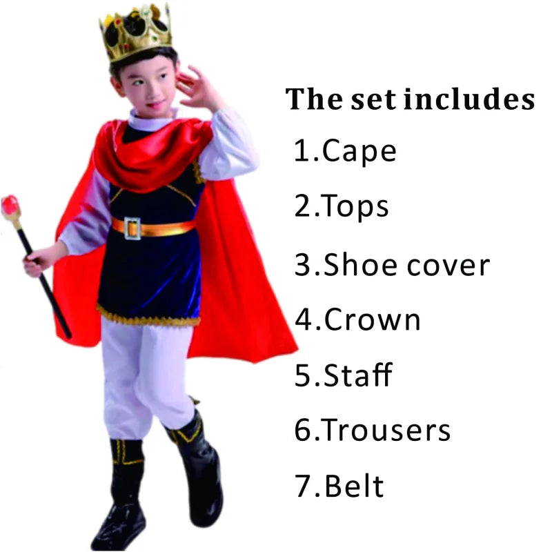 7 Pieces Boys King Carnival Costume Medieval Royal Prince Full Set Outfits for Kids Halloween Birthday Party Fancy Dress Up