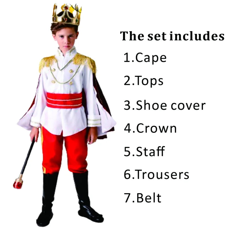 7 Pieces Boys King Carnival Costume Medieval Royal Prince Full Set Outfits for Kids Halloween Birthday Party Fancy Dress Up