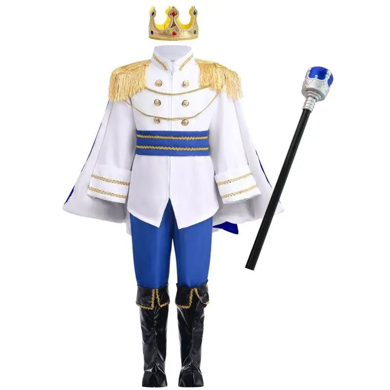 7 Pieces Boys King Carnival Costume Medieval Royal Prince Full Set Outfits for Kids Halloween Birthday Party Fancy Dress Up