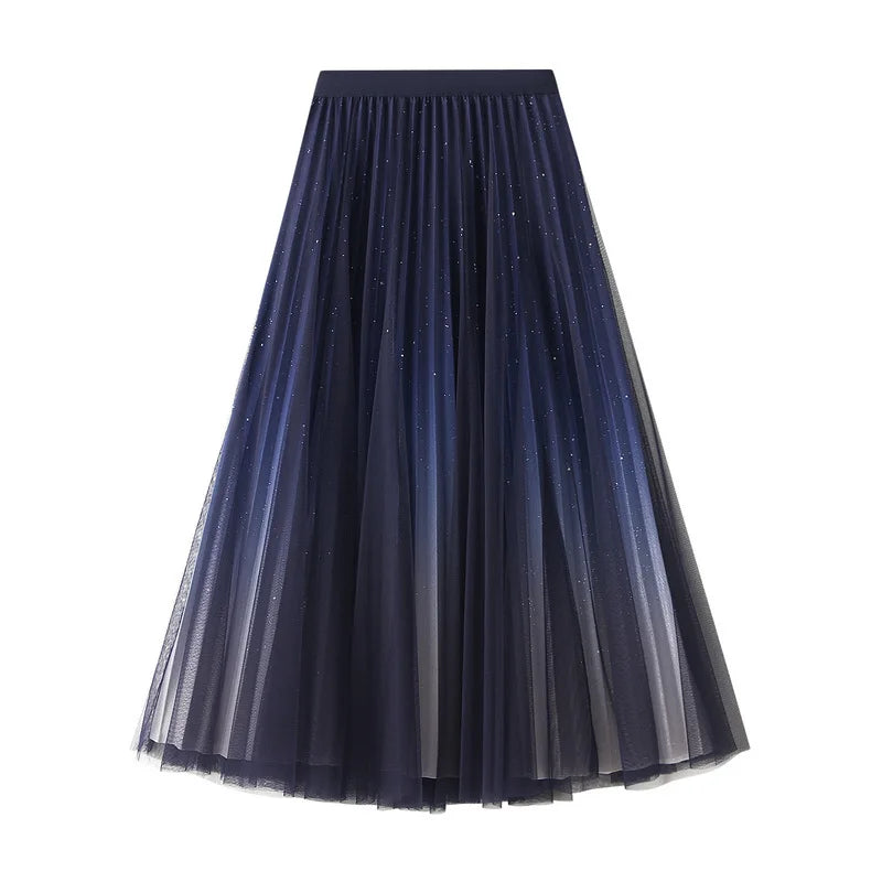 Women’s Starry Sky Gradient Tulle Midi Skirt – Elegant High-Waist Pleated A-Line