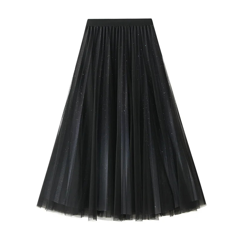 Women’s Starry Sky Gradient Tulle Midi Skirt – Elegant High-Waist Pleated A-Line