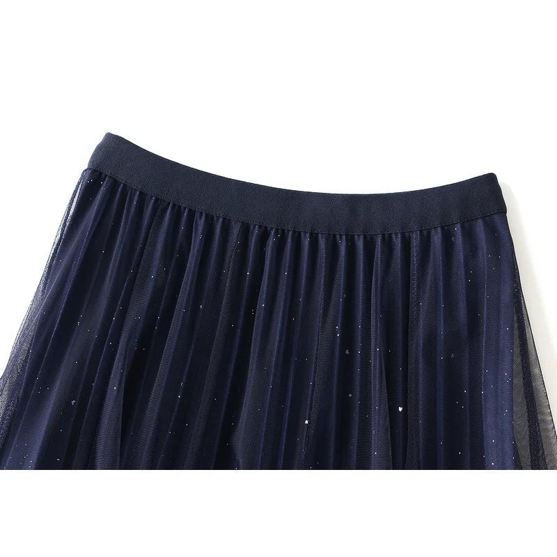 Women’s Starry Sky Gradient Tulle Midi Skirt – Elegant High-Waist Pleated A-Line