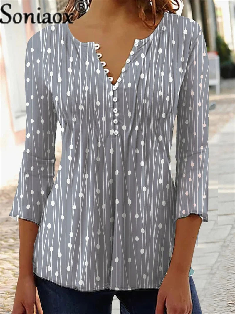 Fashion Elegant Polka Dot Print Bottoming Shirt Women 2022 Autumn Long Sleeve Button V Neck Pullover Blouse Casual Office Tops