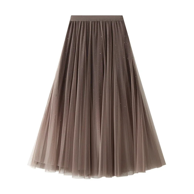 Women’s Starry Sky Gradient Tulle Midi Skirt – Elegant High-Waist Pleated A-Line