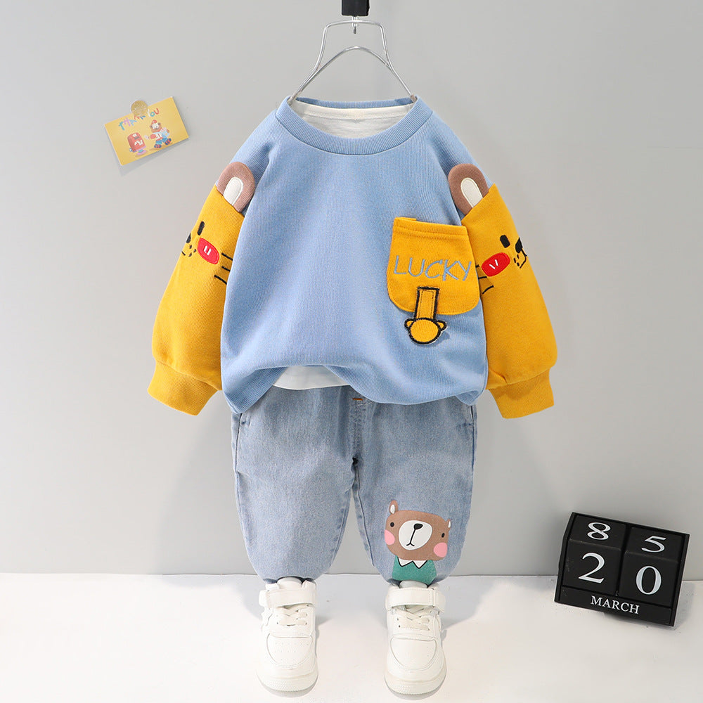 Boys' Color Block Cartoon Sweater & Pants Set