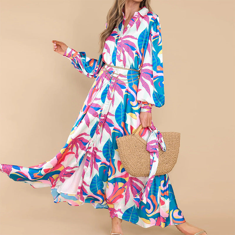 Floral Print Polo Collar Maxi Dress for Women