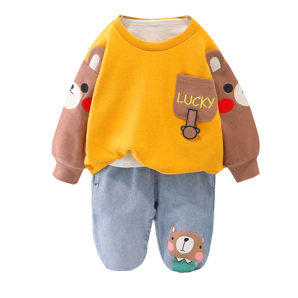 Boys' Color Block Cartoon Sweater & Pants Set