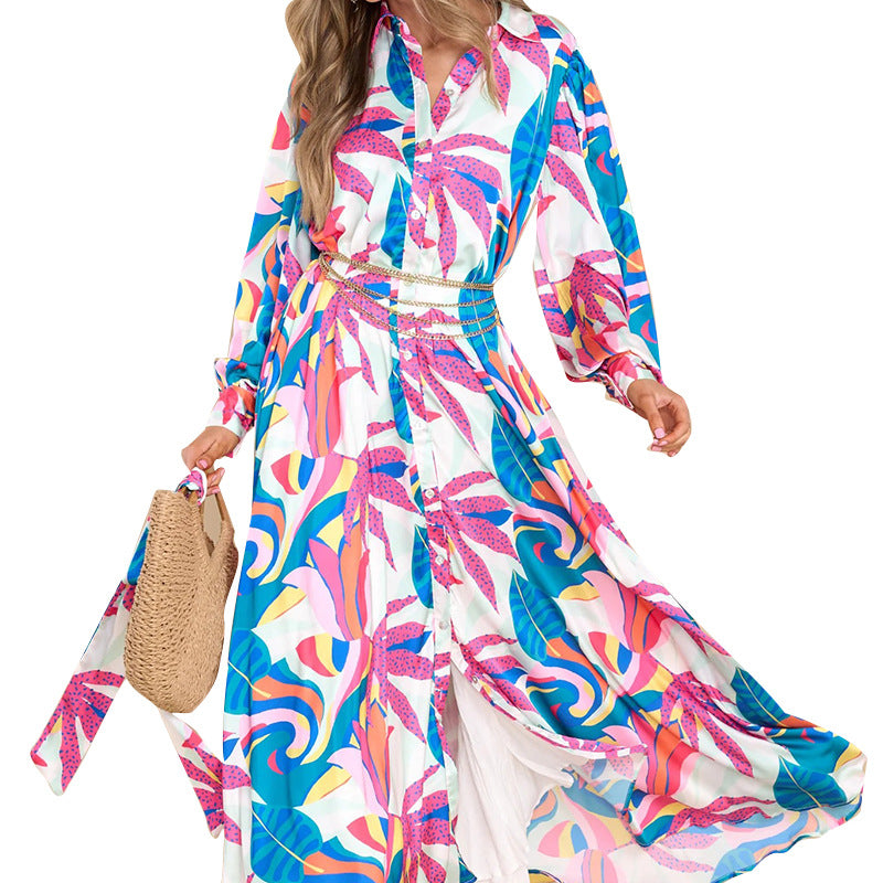 Floral Print Polo Collar Maxi Dress for Women