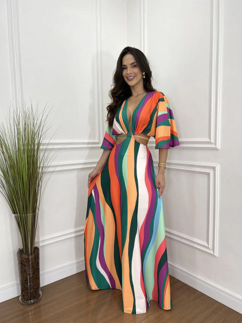 Women's Color Matching Five-point Batwing Sleeve Midriff Outfit Strap Dress