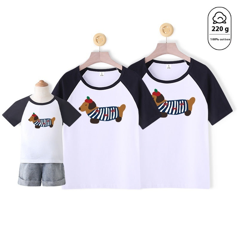 Mother-daughter Matching Dog Western Style Outfit Cotton Short Sleeve Contrast Color Korean Style