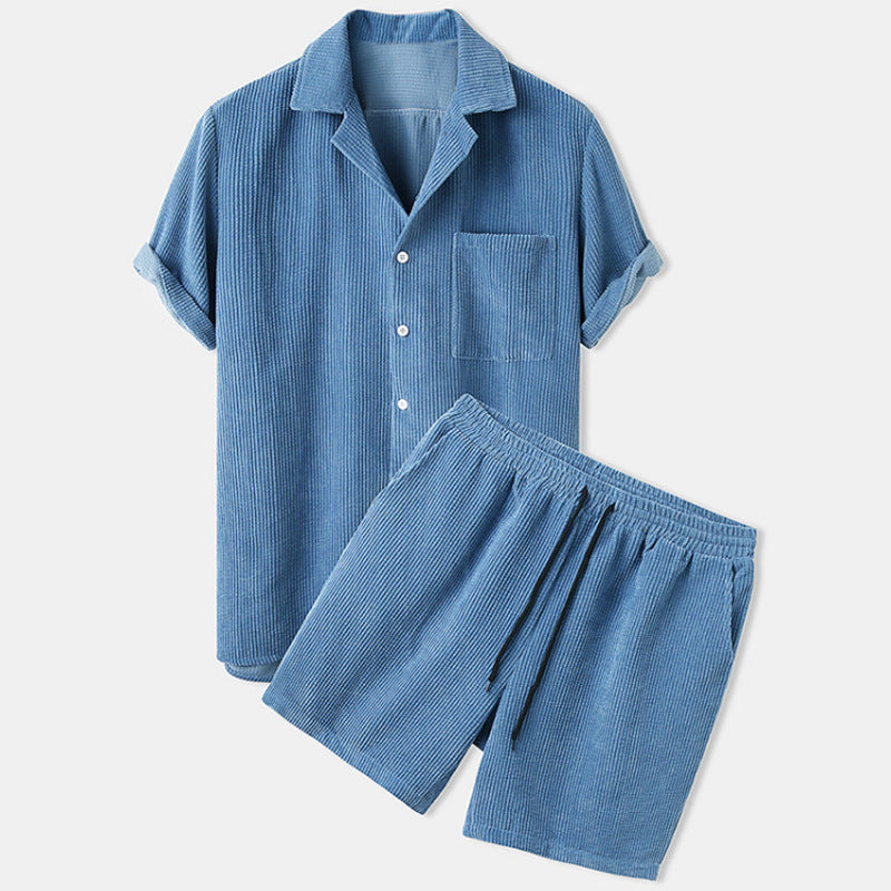 Cross-border Foreign Trade Men's Summer New Solid Color Corduroy Casual Suit Collar Shirt Shorts Suit In Stock