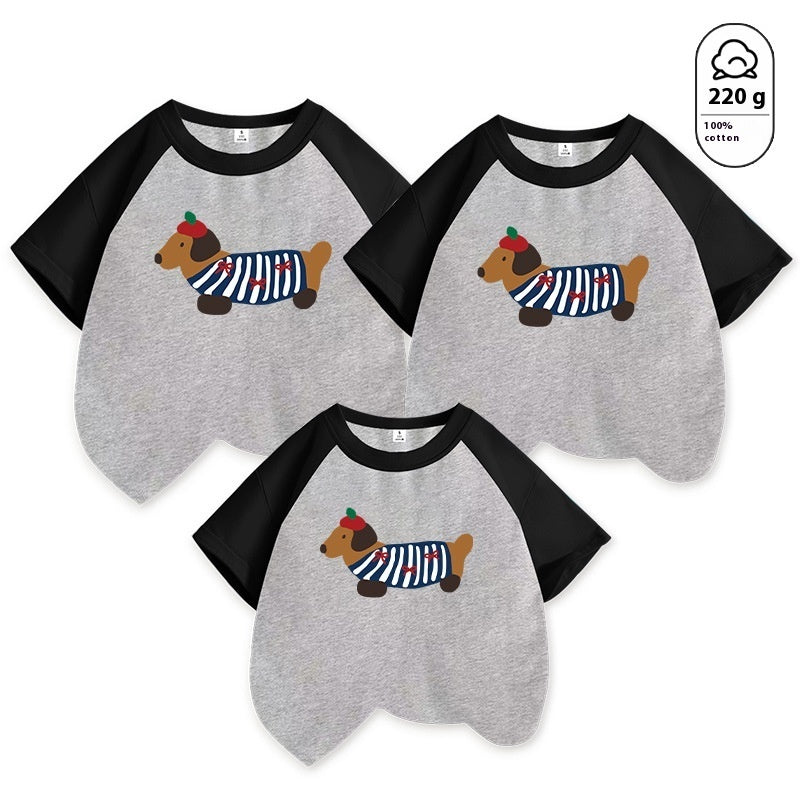 Mother-daughter Matching Dog Western Style Outfit Cotton Short Sleeve Contrast Color Korean Style