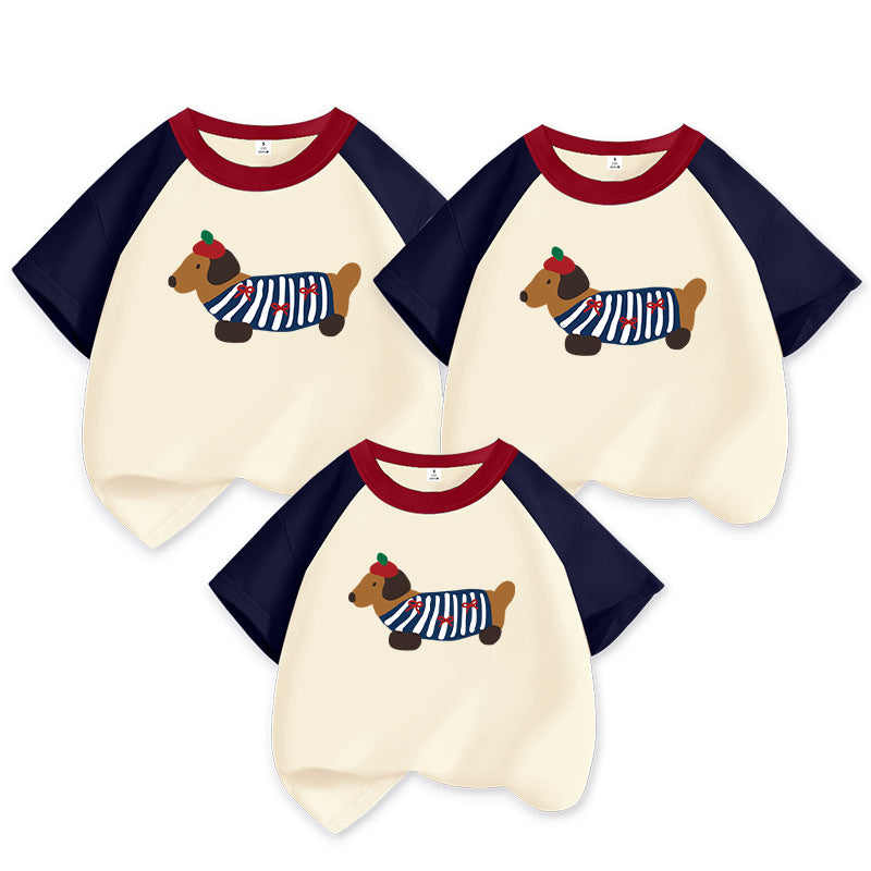 Moeder-dochter Matching Hond Western Stijl Outfit Katoen Korte Mouw Contrast Kleur Koreaanse Stijl