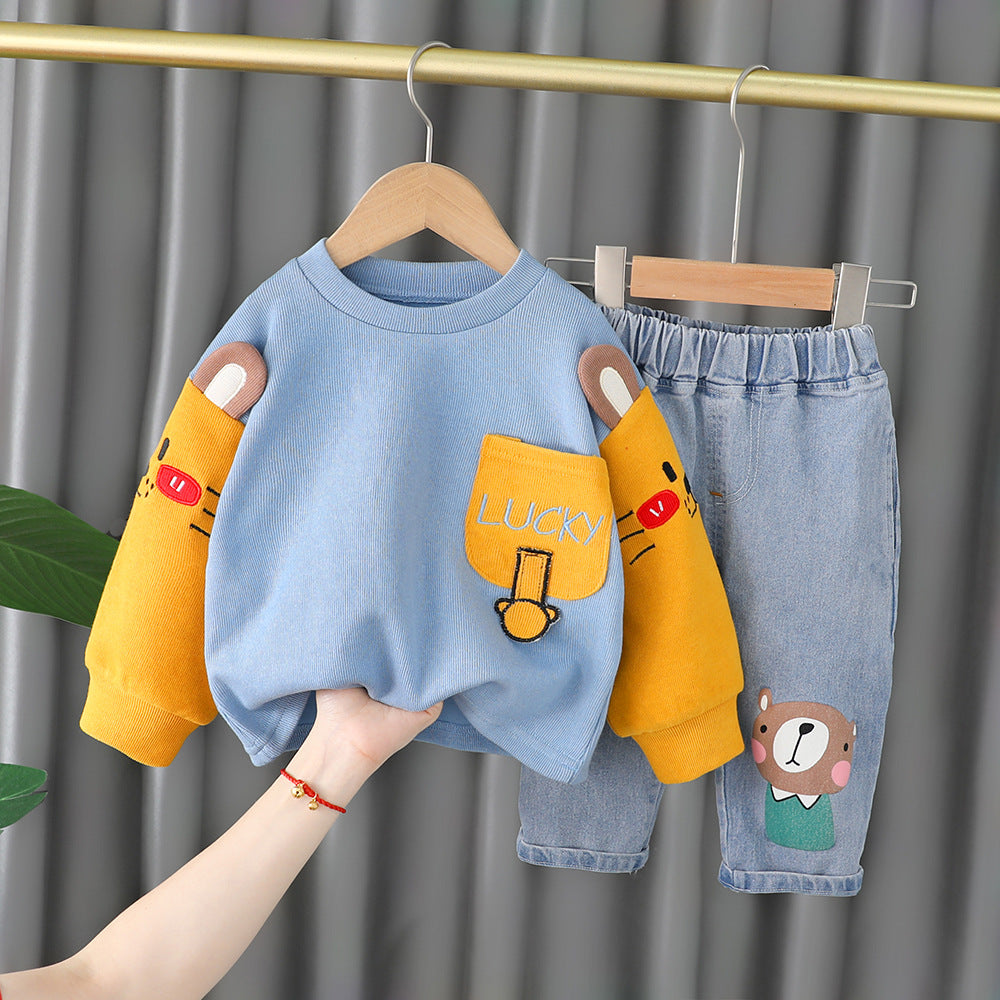 Boys' Color Block Cartoon Sweater & Pants Set